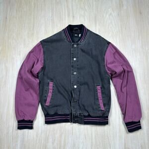 BDG Colorblock Varsity Black & Purple Long Sleeve Snap Front Bomber Jacket Small